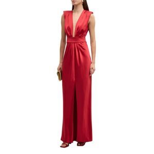NWT Ramy Brook Quinn Pleated Deep V-neck Satin Gown in Red. Size 10